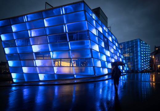 Ars Electronica Center on a rainy evening